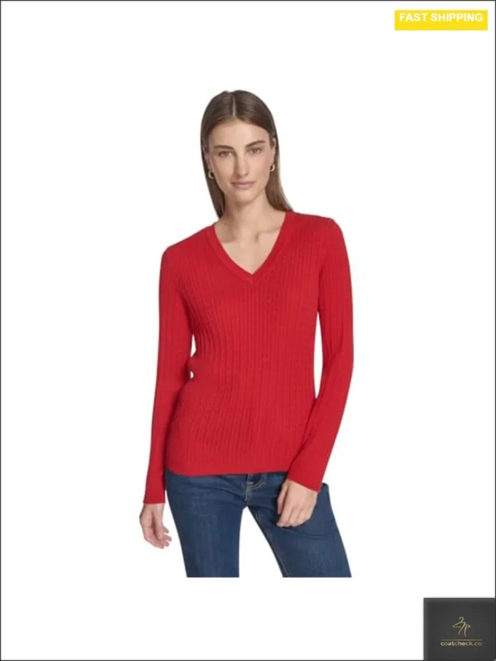 Long Sleeve Cable V-Neck Sweater Pullover Heavyweight Cotton